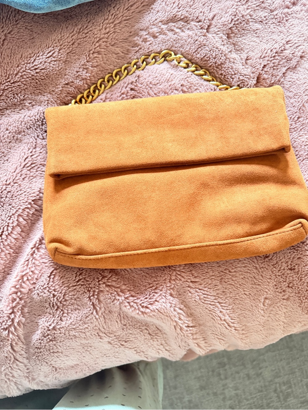 Faux Suede Fold-Over Chain-Handle Shoulder Bag - Orange